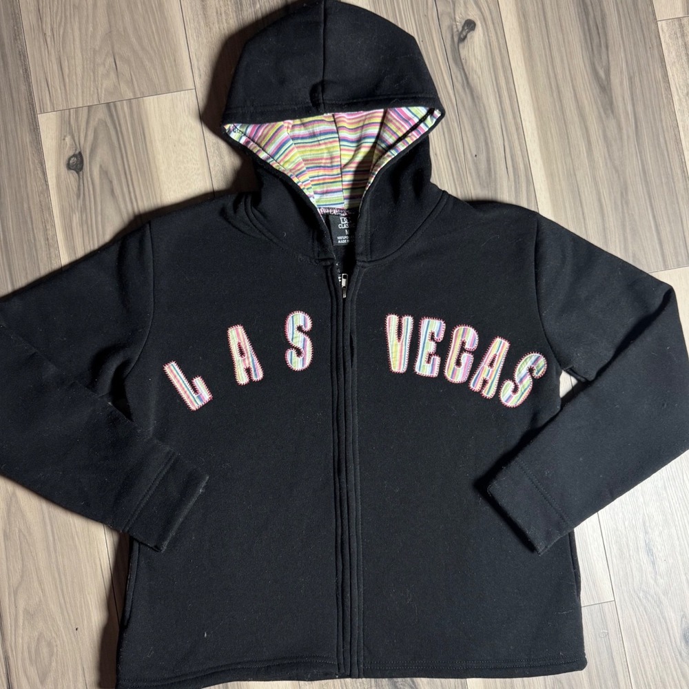 DC Classic Las Vegas Zip Up Hoodie Black Striped Lining Souvenir Sweatshirt M
